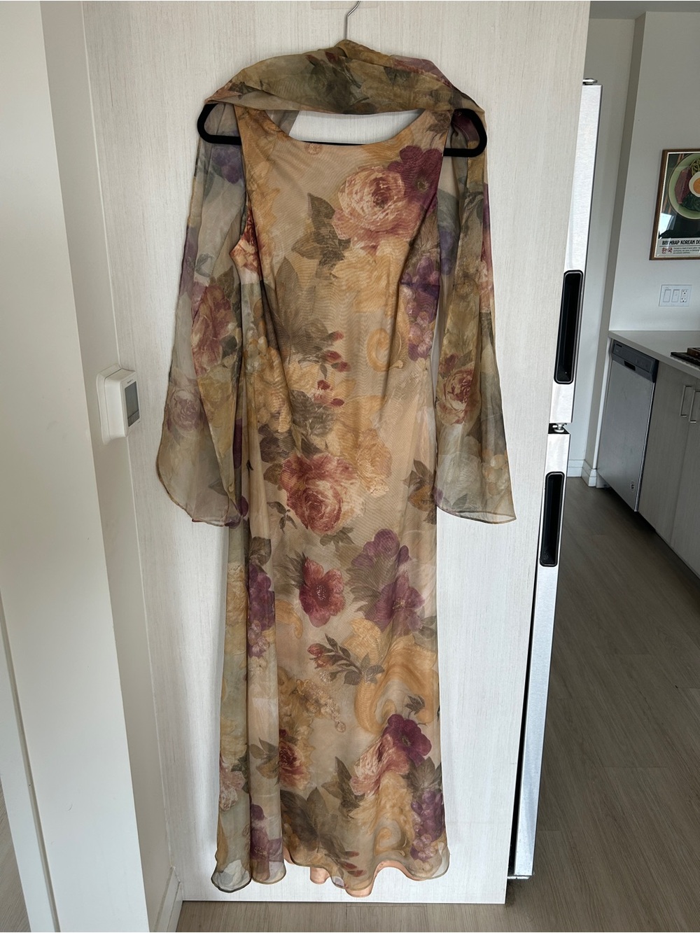 Vintage 90s Floral Mesh Formal Evening Gown & Matching Scarf Set Size 14